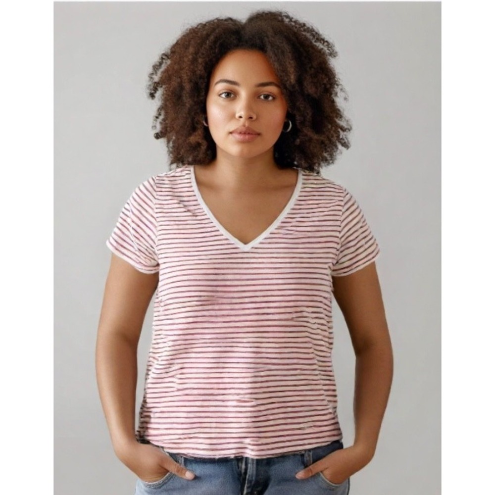 Torrid Girlfriend Tee White Rust Orange Stripe VNeck Short Sleeve Shirt 0 EUC - Picture 2 of 5